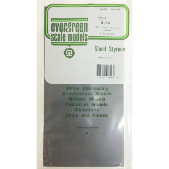 Evergreen 9513 Black Styrene Sheet (Size: 6" x 12"; Thickness: .02"/0.50mm) 3pcs - Hobby Tools & Supplies