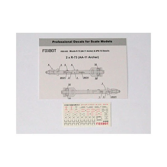 FOXBOT 32-022 1/32 Missile R-73 (AA-11 Archer) & APU-73 Stencils Decals for Soviet Aircraft