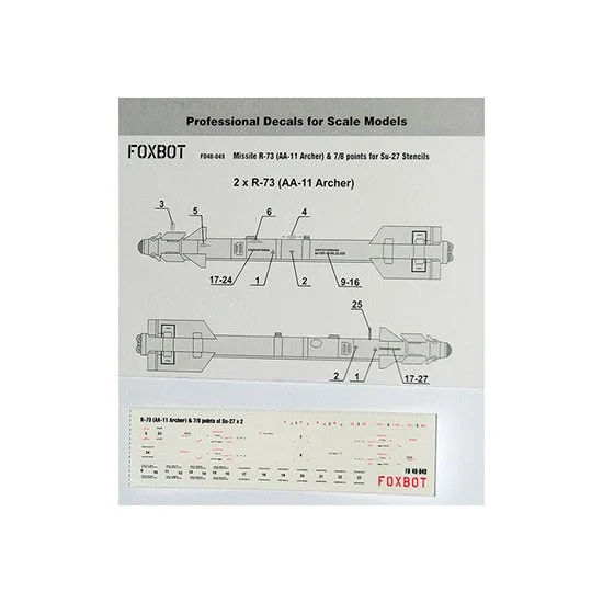 FOXBOT 48-049 1/48 Missile R-73 (AA-11 Archer) & 7/8 points for Su-27 Stencils Decals