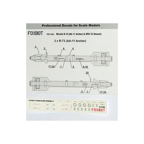 FOXBOT 72-045 1/72 Missile R-73 (AA-11 Archer) & APU-73 Stencils Decals for Soviet Aircraft
