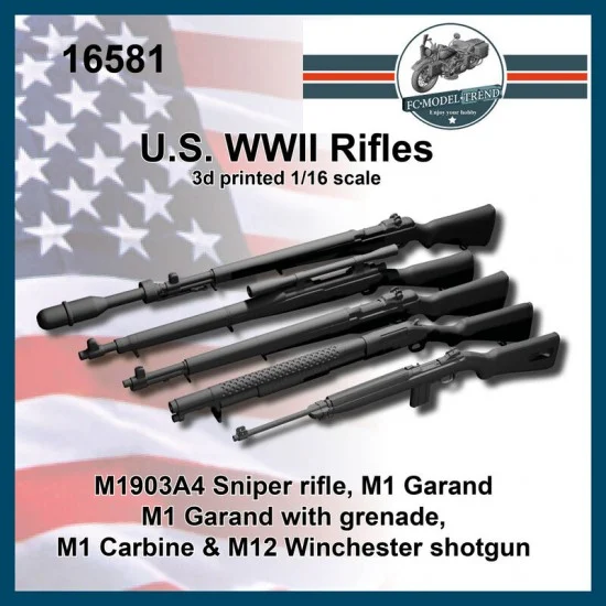 FC Model Trend 16581 1/16 WWII US Rifles: M1903A4, M1 Garand, Carbine, M12 (3D Printed Kits) - Model Figures