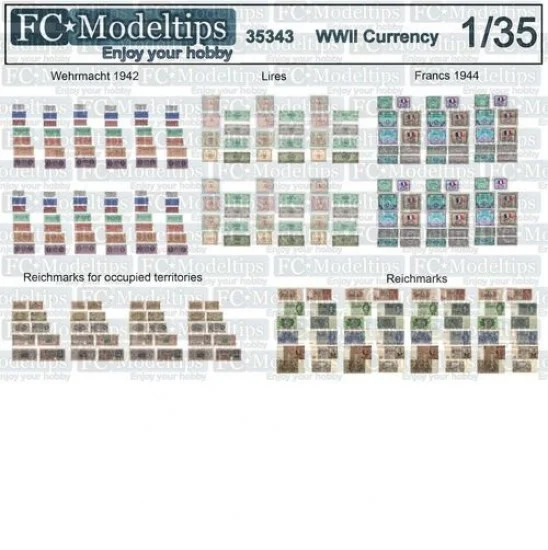 FC Model Trend 35343 1/35 WWII Currency - Wehrmacht 1942, Lires, France 1944, Reichmarks, etc