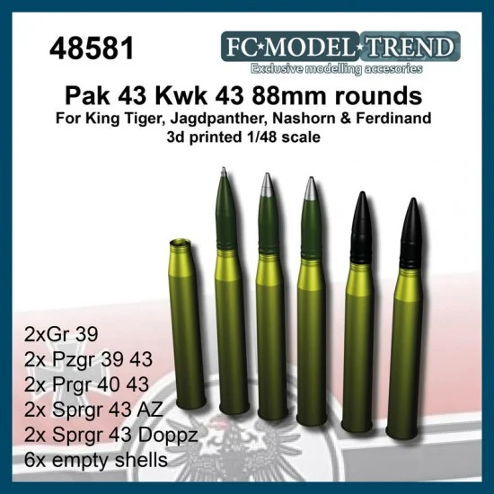 FC Model Trend 48581 1/48 88mm Rounds for Pak43/Kwk 43, King Tiger, Jagdpanther, Nashorn, Elefant - Military Vehicles & Tanks
