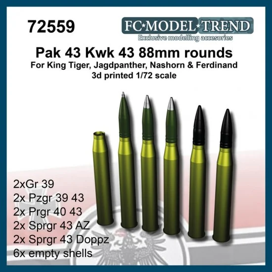 FC Model Trend 72559 1/72 88mm Rounds Ammunition for Pak43/Kwk 43, King Tiger, Jagdpanther, Nashorn, Elefant - Military Vehicles & Tanks