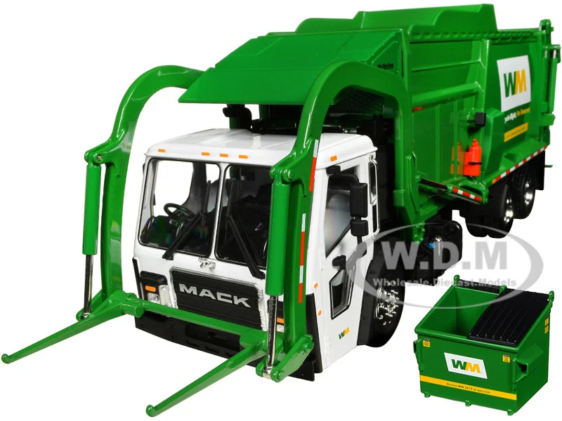Mack LR "Waste Management" Refuse Garbage Truck with McNeilus Meridian Front Loader White and Green with Trash Bin 1/34 Diecast Model by First Gear - Mack Models
