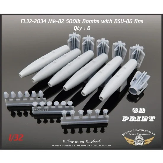 Flying Leathernecks FL32-2034 1/32 Mk-82 500lb Bomb with BSU-86 Retarded Fin (6pcs)