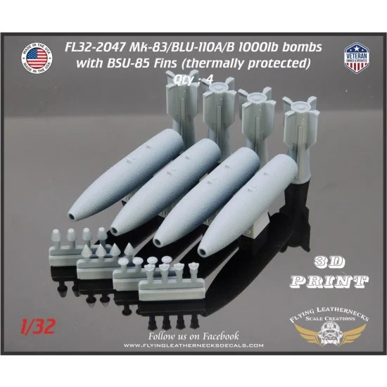 Flying Leathernecks FL32-2047 1/32 Mk-83/BLU-110 1000lb TP Bombs with BSU-85 (4pcs)