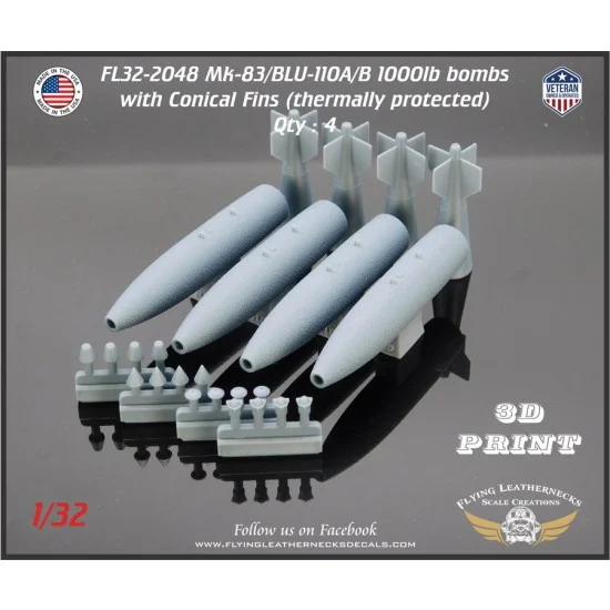 Flying Leathernecks FL32-2048 1/32 Mk-83 / BLU-110 1000lb TP Bombs with Conical Fins (4pcs)