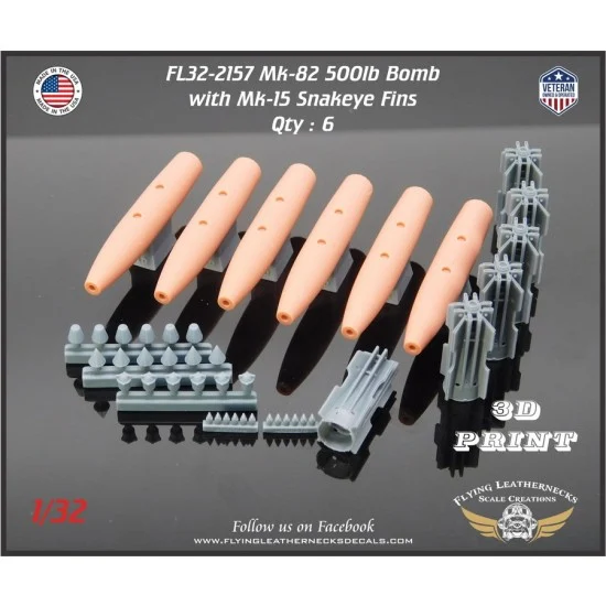 Flying Leathernecks FL32-2157 1/32 Mk-82 500lb Bomb with Mk-15 Snakeye Fin (6pcs)