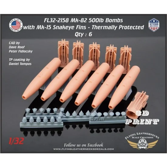 Flying Leathernecks FL32-2158 1/32 Mk-82 500lb Bomb with Mk-15 Snakeye Fin Thermally Protected (6pcs)