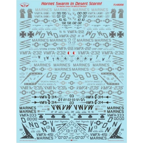 Flying Leathernecks FL48008 1/48 F/A-18A/C/D Hornets in Desert Storm Waterslide Decals