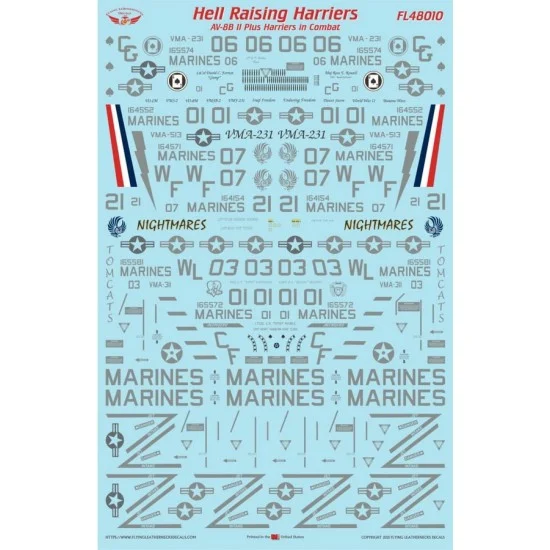 Flying Leathernecks FL48010 1/48 AV-8B II Plus Hell Raising Harriers Waterslide Decals