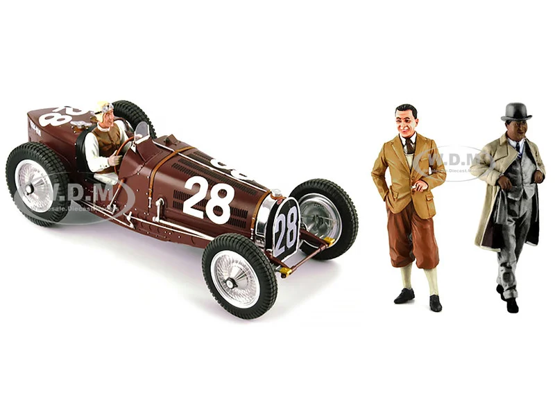 Bugatti T59 #28 Tazio Nuvolari Monaco GP (1934) with Driver Mounted and Etorre Bugatti and Jean Bugatti Figures 1/18 Models by Le Mans Miniatures - Bugatti Models