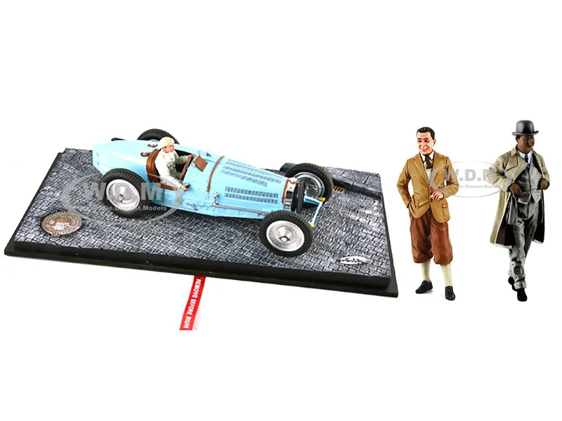 1934 Bugatti T59 Road Version Light Blue with Driver and Etorre Bugatti and Jean Bugatti Figures 1/18 Models by Le Mans Miniatures - Bugatti Models