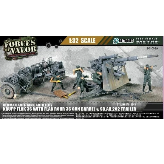Forces of Valor 801008A 1/32 German Krupp Flak36 with Flak Rohr & SdAH202 Tow Vehicle, Stalingrad 1942 - Military Vehicles & Tanks