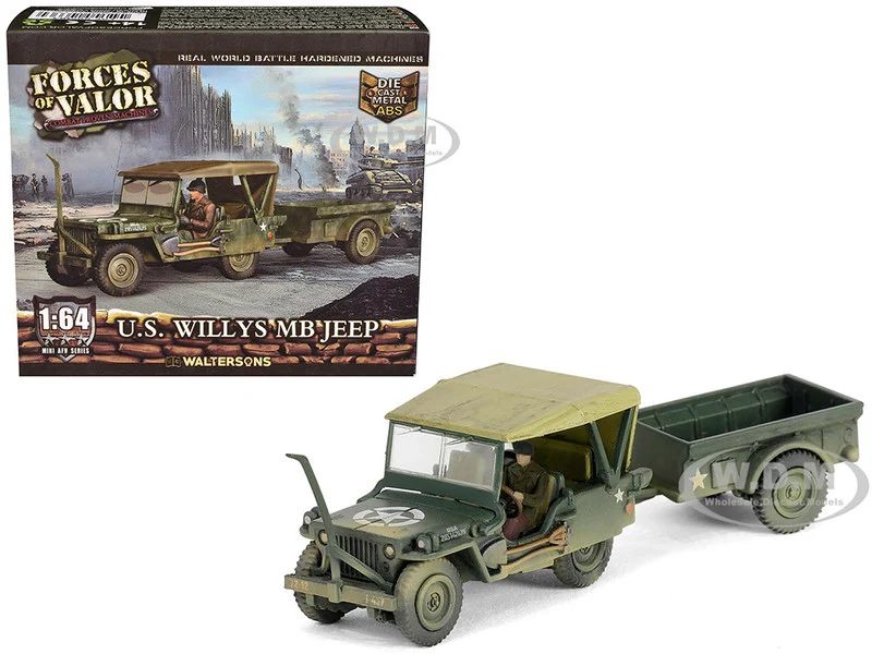 Willys MB Jeep with Trailer Olive Drab (Weathered) with Driver Figure "United States Army" "Mini AFV" Series 1/64 Diecast Model by Forces of Valor - Jeep Models