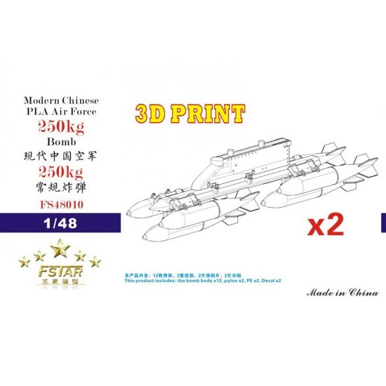 Five Star Models 48010 1/48 Modern Chinese PLA Air Force 250kg Bomb with Pylons (12 pcs) - Model Planes
