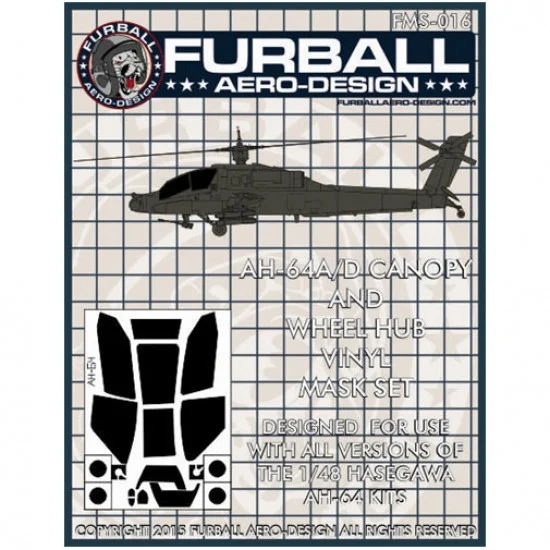Furball FMS-016 1/48 Boeing AH-64 Apache Canopy & Wheel Hubs Masking Set for Hasegawa Kits