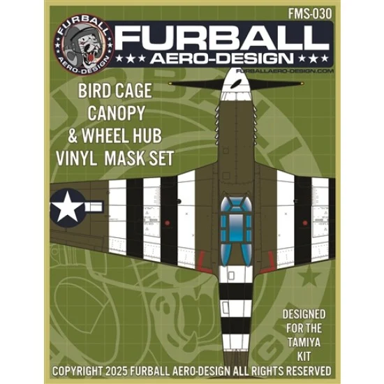 Furball FMS-030 1/48 P-51B Canopy (birdcage) and Wheel Hub Vinyl Mask Set for Tamiya Kit