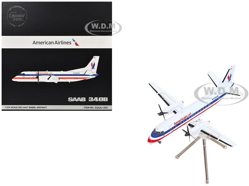 Saab 340B Commercial Aircraft "American Eagle" (N389AE) White with Red and Blue Stripes "Gemini 200" Series 1/200 Diecast Model Airplane by GeminiJets - Saab Models