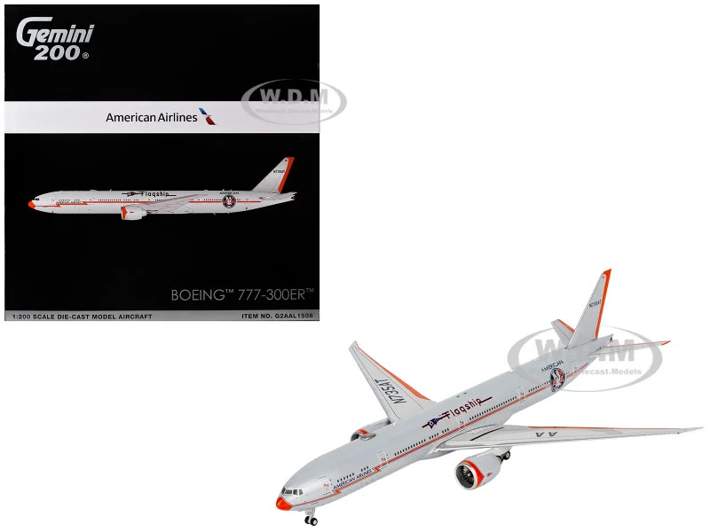 Boeing 777-300ER Commercial Aircraft "American Airlines - Flagship DFW" (N735AT) Silver with Orange Stripes "Gemini 200" Series 1/200 Diecast Model Airplane by GeminiJets