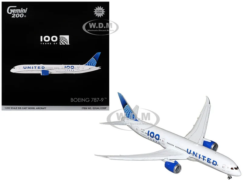 Boeing 787-9 Commercial Aircraft with Flaps Down "United Airlines 100 Years" (N61101) White with Graphics and Blue Tail "Gemini 200" Series 1/200 Diecast Model Airplane by GeminiJets