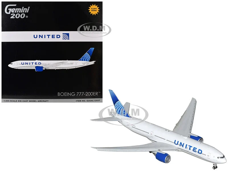 Boeing 777-200ER Commercial Aircraft with Flaps Down "United Airlines" (N798UA) White with Blue Tail "Gemini 200" Series 1/200 Diecast Model Airplane by GeminiJets