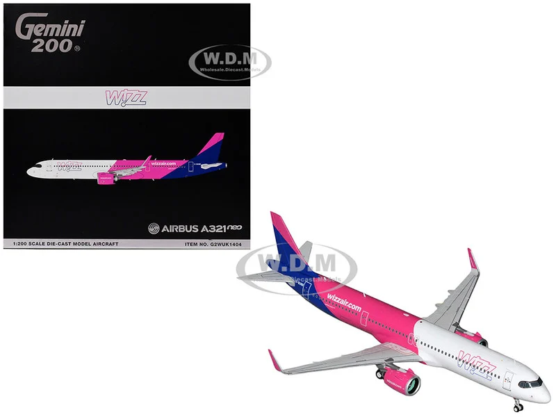 Airbus A321neo Commercial Aircraft "Wizz Air" (G-WUNB) White and Pink with Purple Tail "Gemini 200" Series 1/200 Diecast Model Airplane by GeminiJets