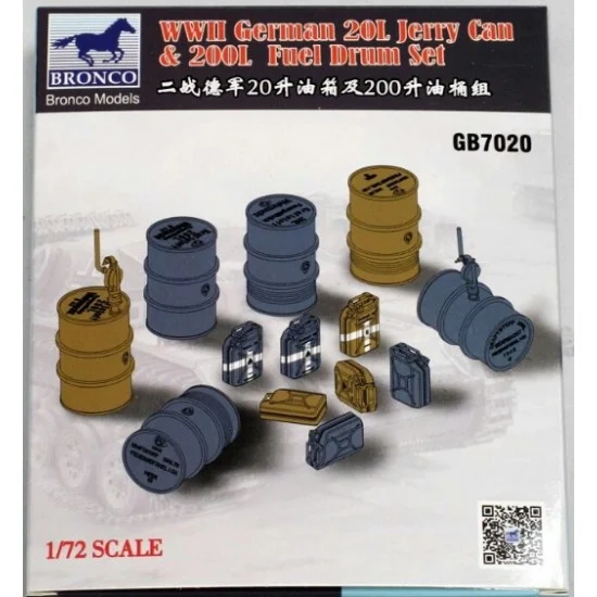 Bronco GB7020 1/72 WWII German 20L Jerry Can & 200L Fuel Drum Set - Scenics & Diorama