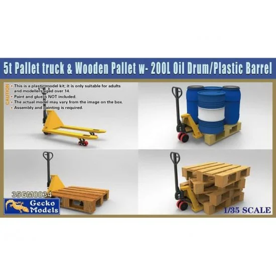 Gecko 35GM0034 1/35 5t Pallet truck & Wooden Pallet w- 200L Oil Drum-Plastic Barrel Set