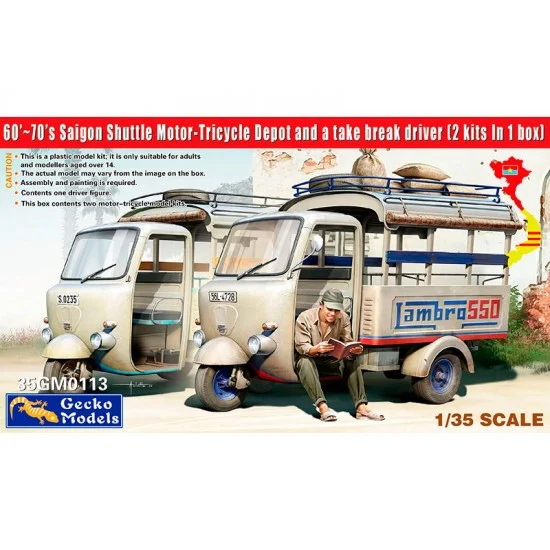 Gecko 35GM0113 1/35 Saigon Shuttle Motor-Tricycle Depot and Driver (2 tricycles and 1 figure)
