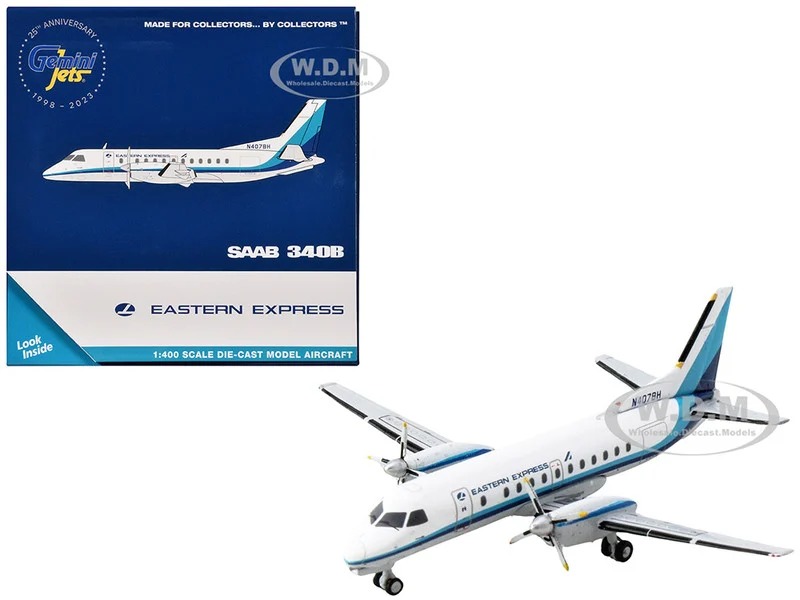 Saab 340B Commercial Aircraft "Eastern Express" (N407BH) White with Blue Stripes 1/400 Diecast Model Airplane by GeminiJets - Saab Models