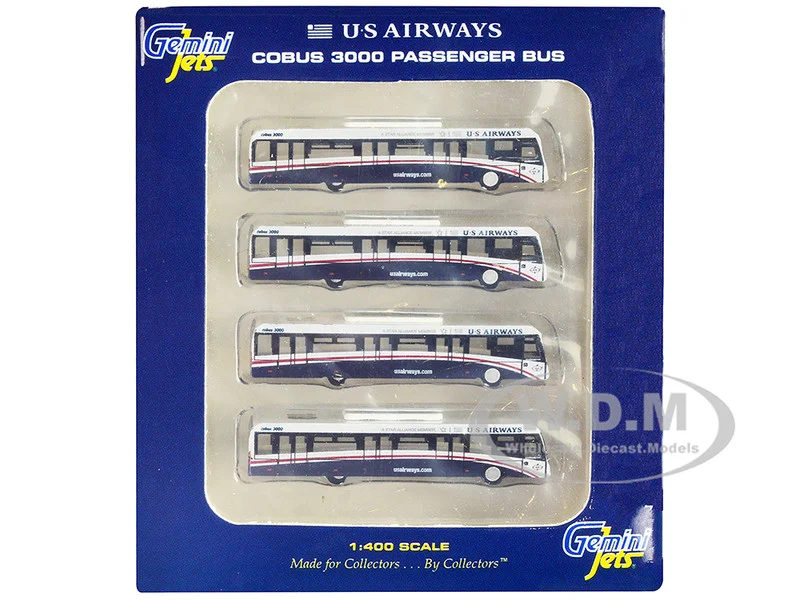 Cobus 3000 Passenger Bus White and Blue "US Airways Shuttle Bus" 4 Piece Set 1/400 Diecast Models by GeminiJets - Bus Models