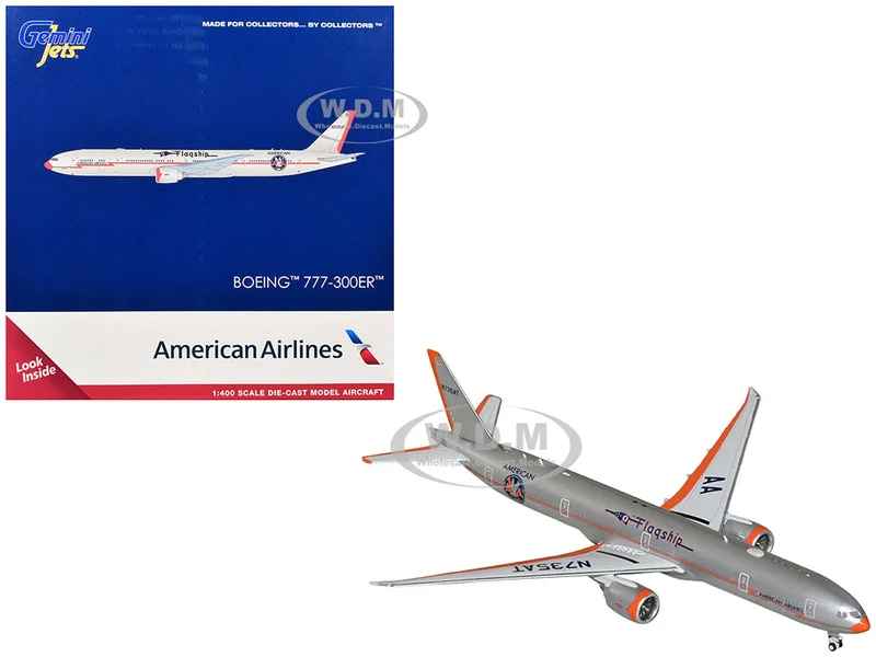 Boeing 777-300ER Commercial Aircraft "American Airlines - Flagship DFW" (N735AT) Silver with Orange Stripes 1/400 Diecast Model Airplane by GeminiJets