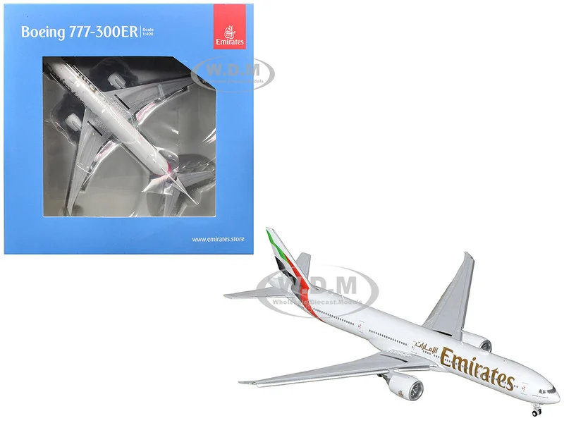 Boeing 777-300ER Commercial Aircraft with Flaps Down "Emirates Airlines" (A6-EQH) White with Striped Tail 1/400 Diecast Model Airplane by GeminiJets