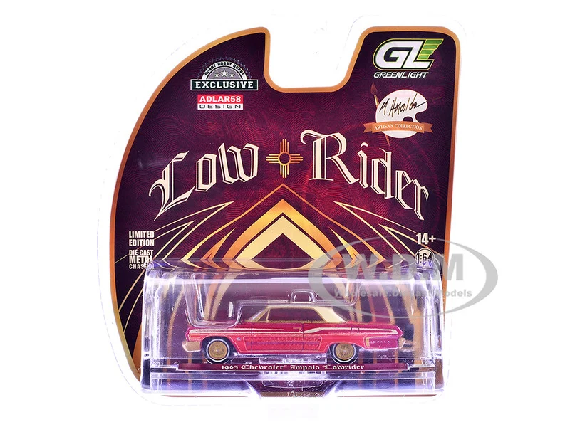 1963 Chevrolet Impala Lowrider "Michael Heralda Special Edition" Red Metallic with Cream Top and Interior with Gold Graphics "Hobby Exclusive" Series 1/64 Diecast Model Car by Greenlight - Chevrolet Models