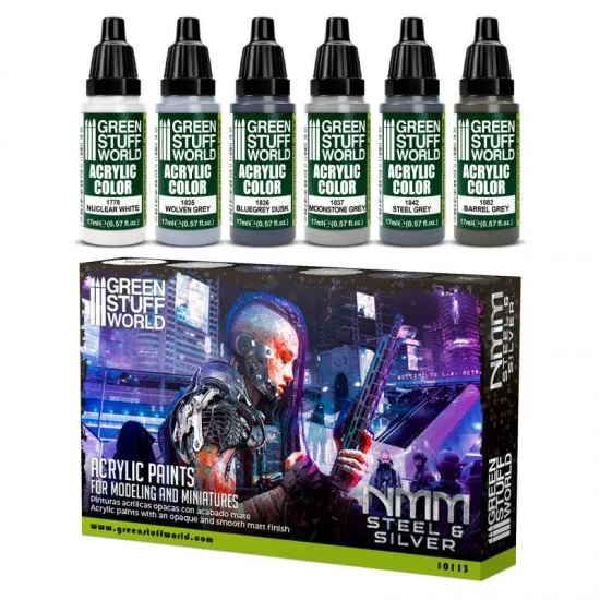 Green Stuff World 10113 Acrylic Paint Set - NMM Steel and Silver (6x 17ml)