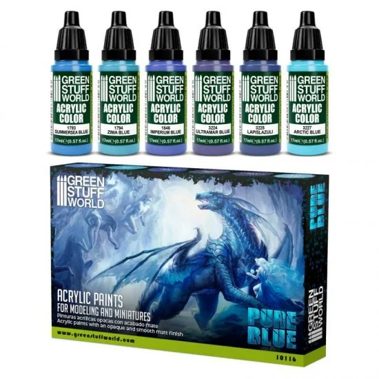 Green Stuff World 10116 Acrylic Paint Set - Pure Blue (6x 17ml)
