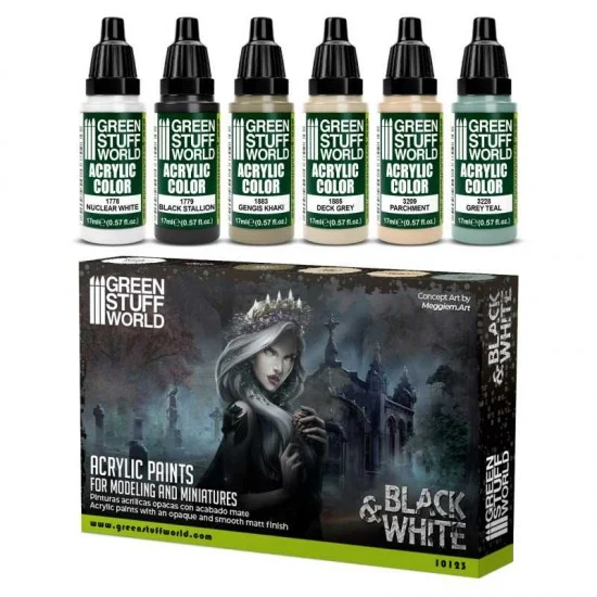 Green Stuff World 10123 Acrylic Paint Set - Black and White (6x 17ml)