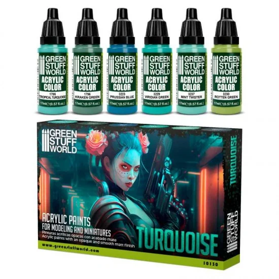 Green Stuff World 10130 Acrylic Paint Set - Turquoise (6x 17ml)