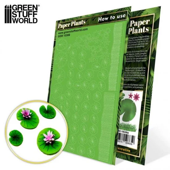 Green Stuff World 10366 1/48, 1/35, 1/32 Paper Plants - Lilly Pads (50 lillies, 24 flowers, 2 grass lines)