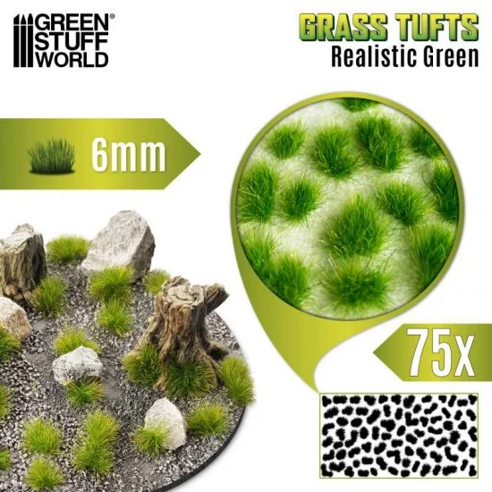 Green Stuff World 10669 Realistic Green Grass Tufts XXL (Fiber Size: 6mm high, 75pcs) - Scenics & Diorama