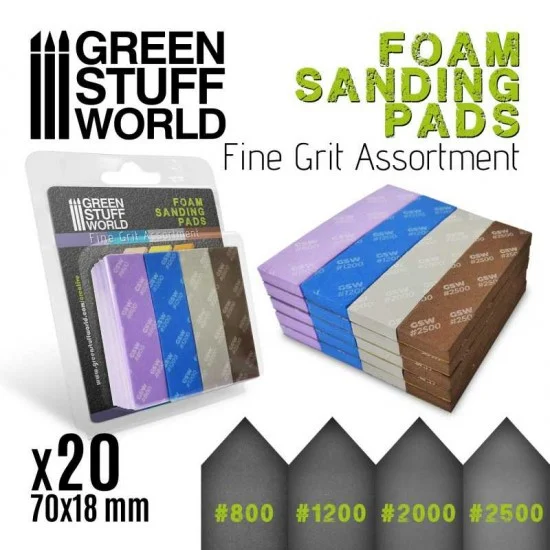 Green Stuff World 10976 Foam Sanding Pads - Fine Grit Assortment (#800 #1200 #2000 #2500, 5pcs each)