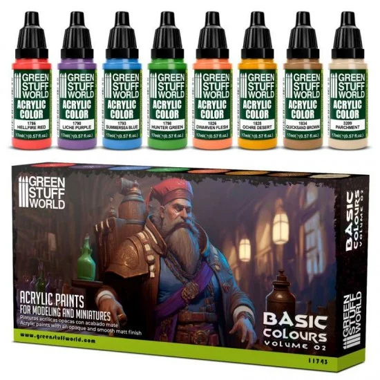Green Stuff World 11743 Acrylic Paint Set - Basic Colours Vol. 02 (8x 17ml, matt finish)