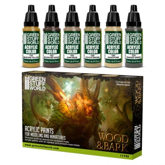Green Stuff World 11745 Acrylic Paint Set - Wood and Bark (6x 17ml, matt finish)