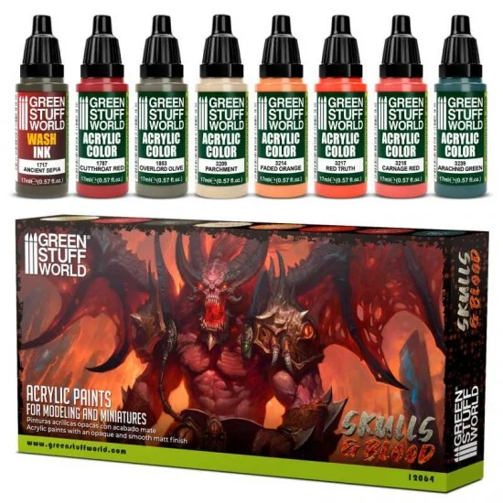 Green Stuff World 12064 Acrylic Paint Set - Skulls and Blood (8x 17ml, matt finish)