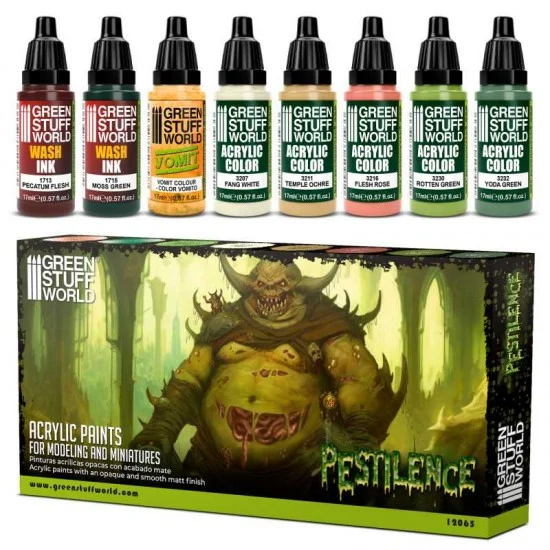Green Stuff World 12065 Acrylic Paint Set - Pestilence (8x 17ml, matt finish)