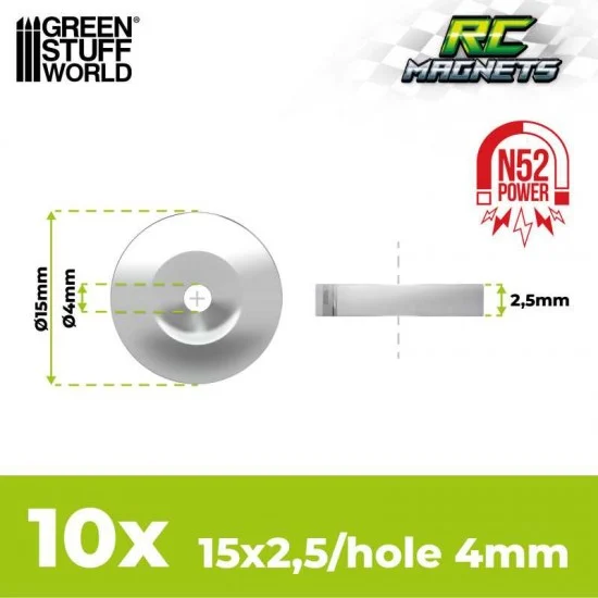 Green Stuff World 12595 Neodymium Magnets 15x2.5mm with Hollow (N52) for RC Cars (10pcs) - Hobby Tools & Supplies