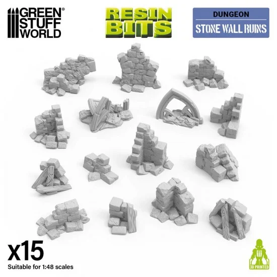 Green Stuff World 12745 1/48 Stone Wall Ruins (15pcs) - Scenics & Diorama