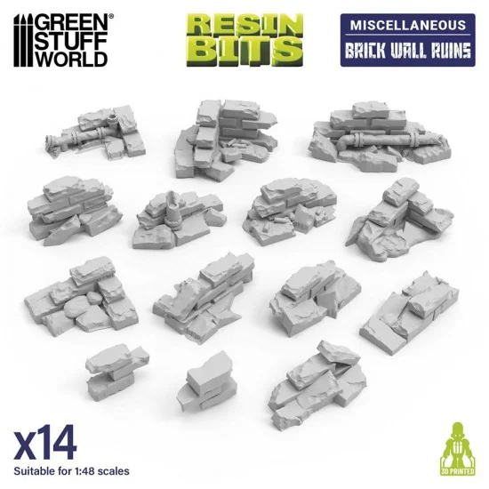 Green Stuff World 12747 1/48 Brick Wall Ruins (14pcs) - Scenics & Diorama